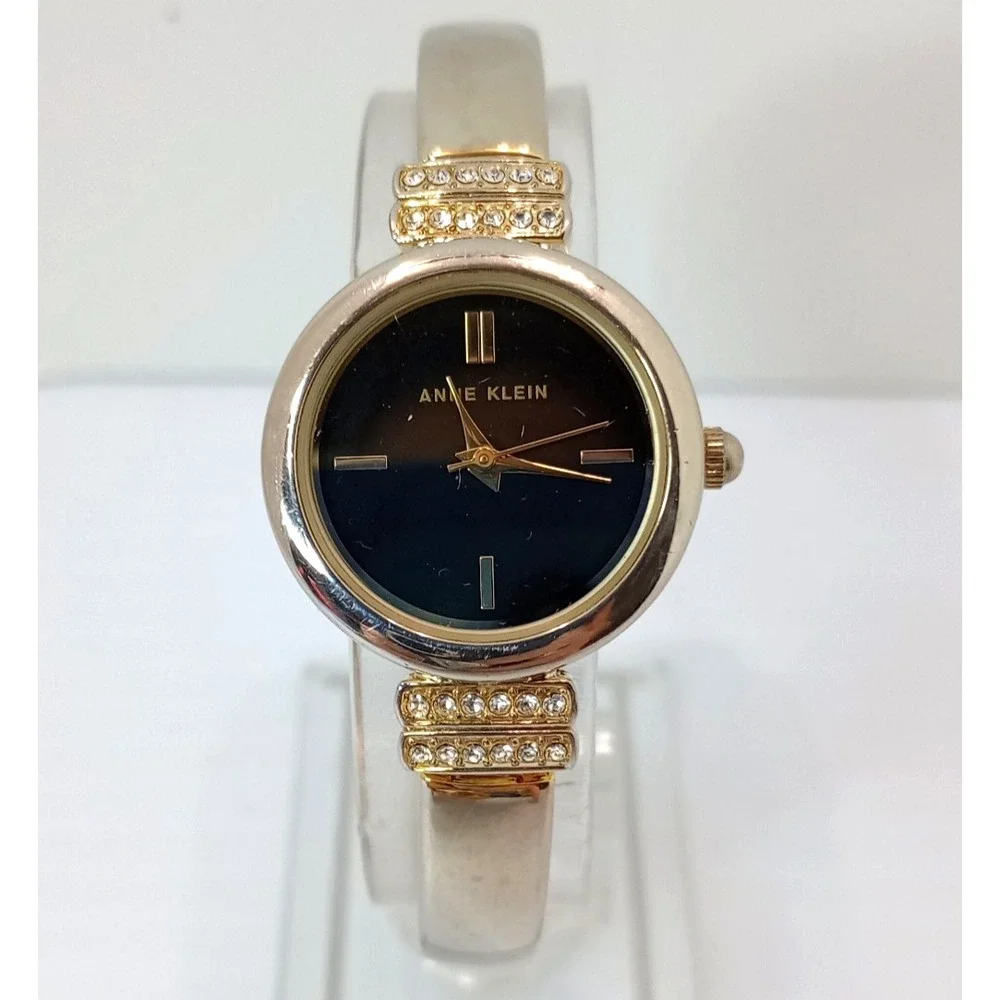 Anne Klein Women's Gold Tone AK/2474‎ Bangle Watch 24.1mm Black Dial New Battery